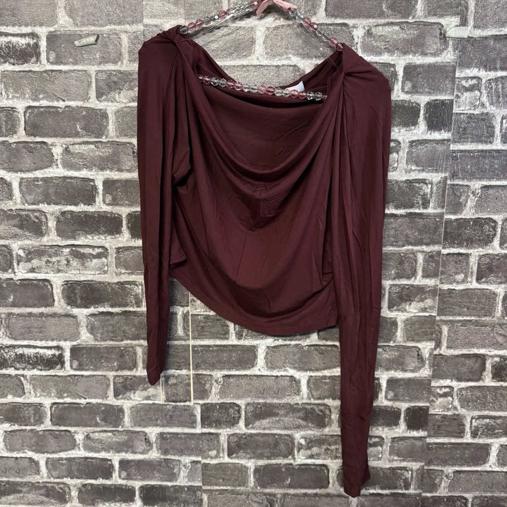 Meshki off the shoulder shirt Burgundy purple long sleeve top cropped